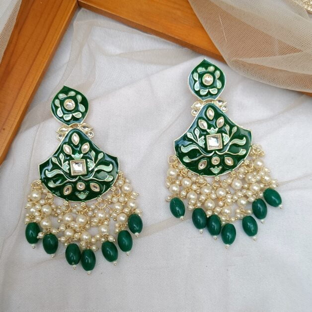 Gold Plated Green Meenakari Kundan Studded Traditional Earrings