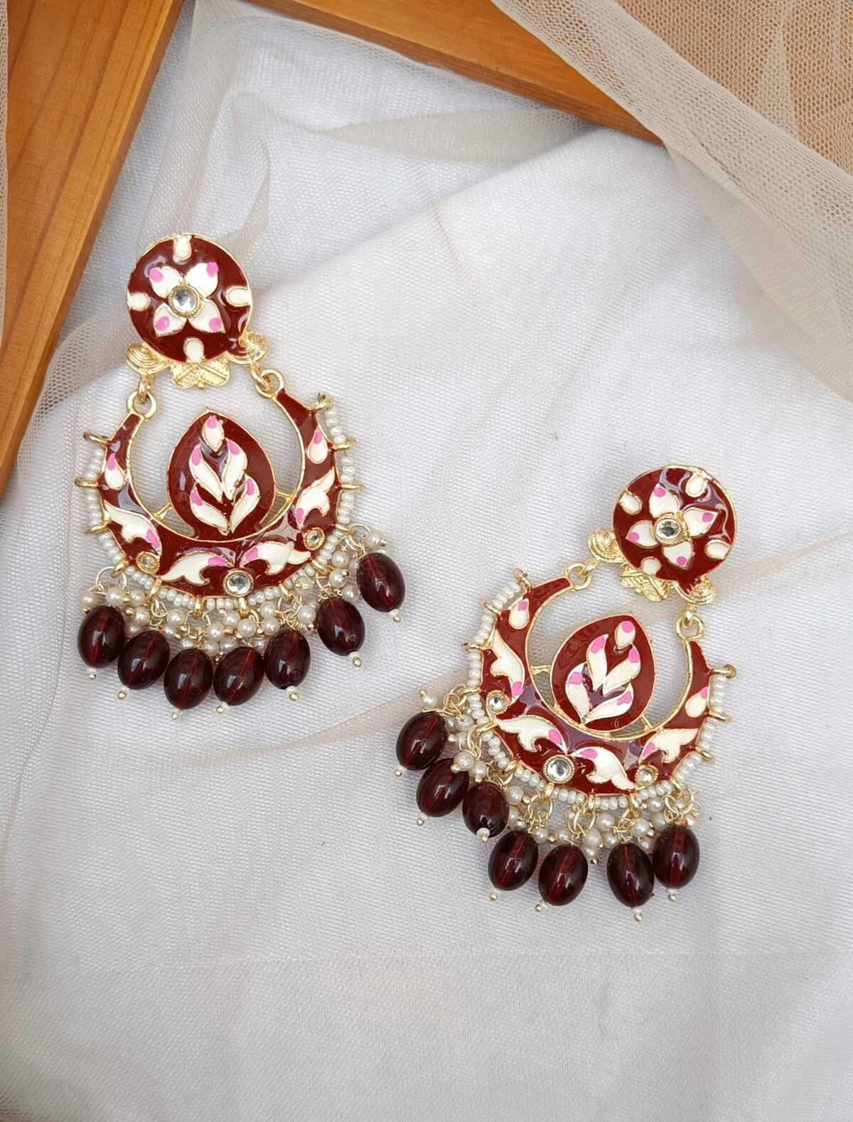 Gold Plated Meenakari Beaded Chandbali-Maroon