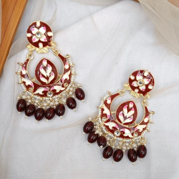 Gold Plated Meenakari Beaded Chandbali-Maroon