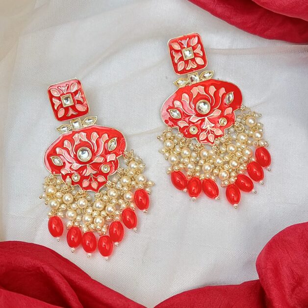 Gold Plated Red Meenakari Kundan Studded Traditional Earrings