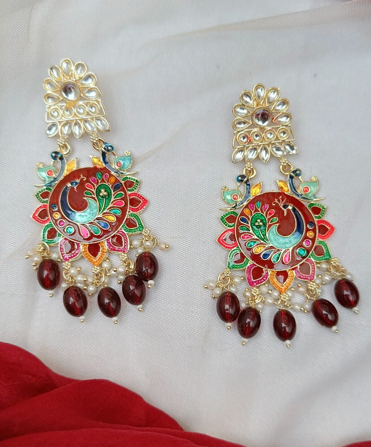 Gold Plated Peacock Beaded Chandbali -Maroon