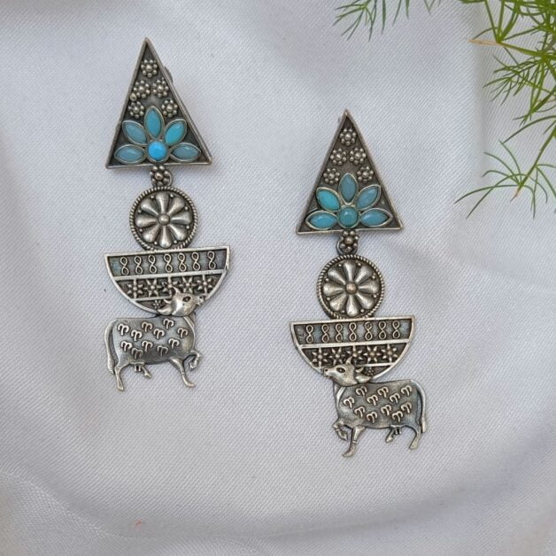 Silver Plated Brass Nandi Earrings-Sky Blue