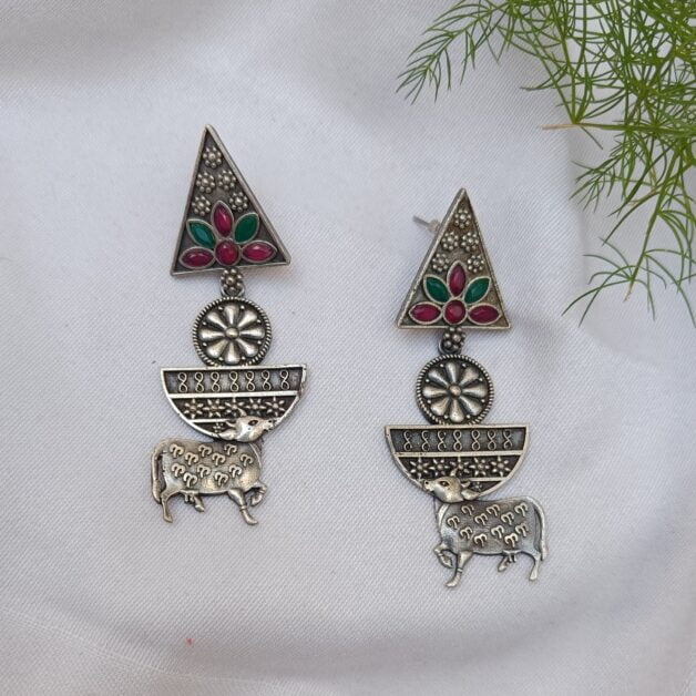 Silver Plated Brass Nandi Earrings-Pink, Green