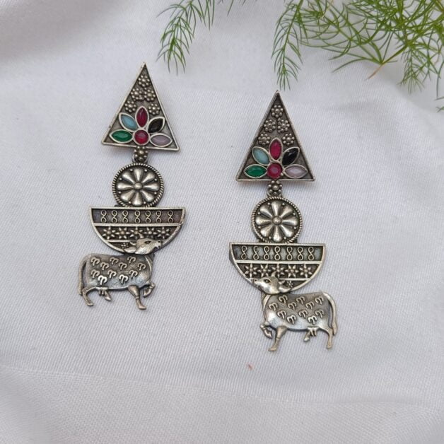 Silver Plated Brass Nandi Earrings- Multicolor