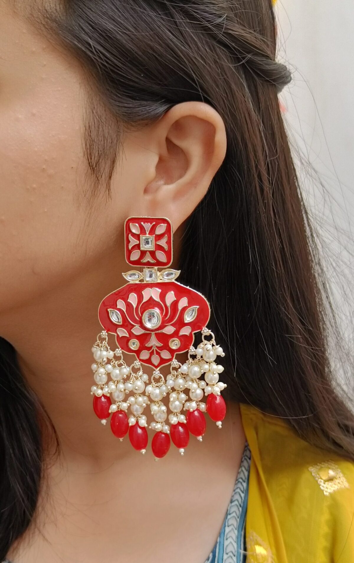 Gold Plated Red Meenakari Kundan Studded Traditional Earrings - Image 2