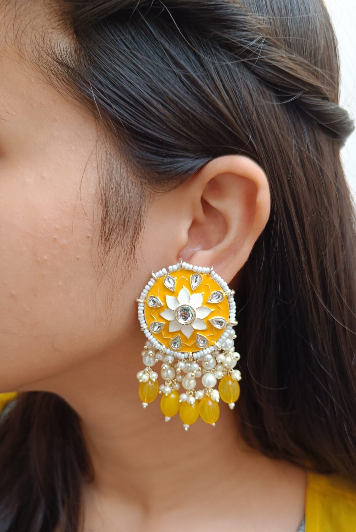 Yellow Beaded Meenakari Traditional Earrings - Image 2