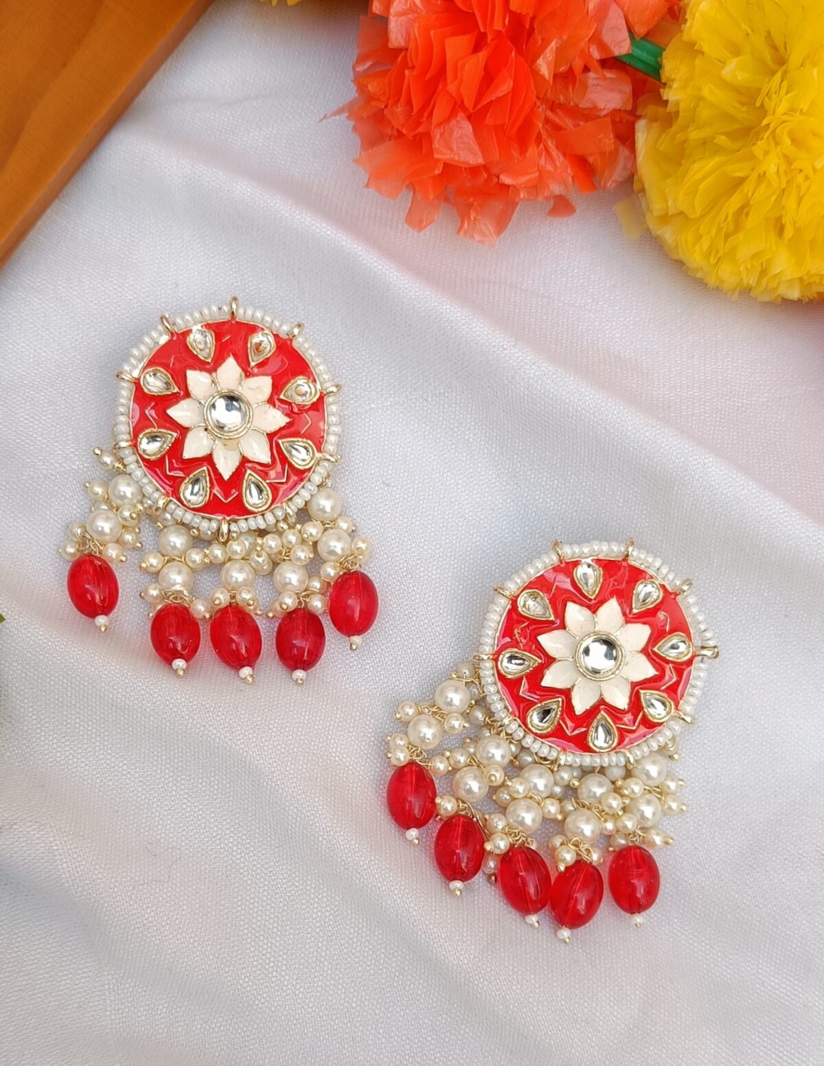 Red Beaded Meenakari Traditional Earrings