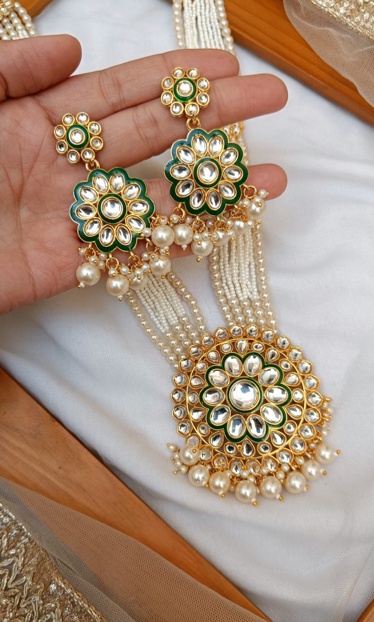 Gold Plated Kundan White Long Necklace Set - Image 2