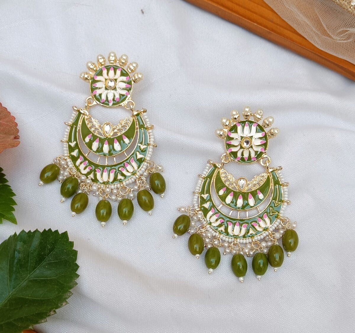 Gold Plated Meenakari Beaded Chandbali-Green