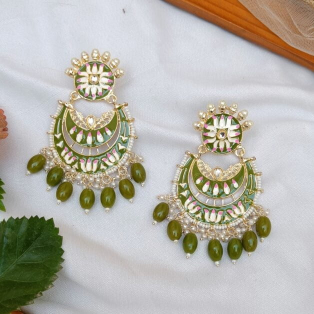 Gold Plated Meenakari Beaded Chandbali-Green
