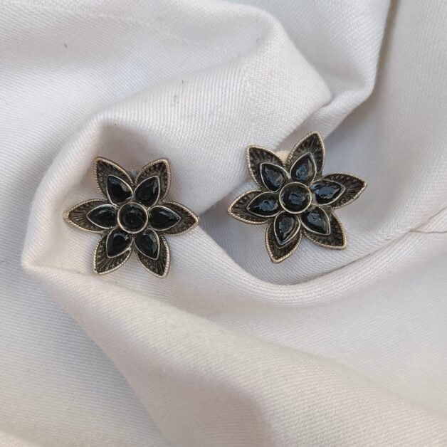 Oxidised Black Stone Flower Stud Earrings