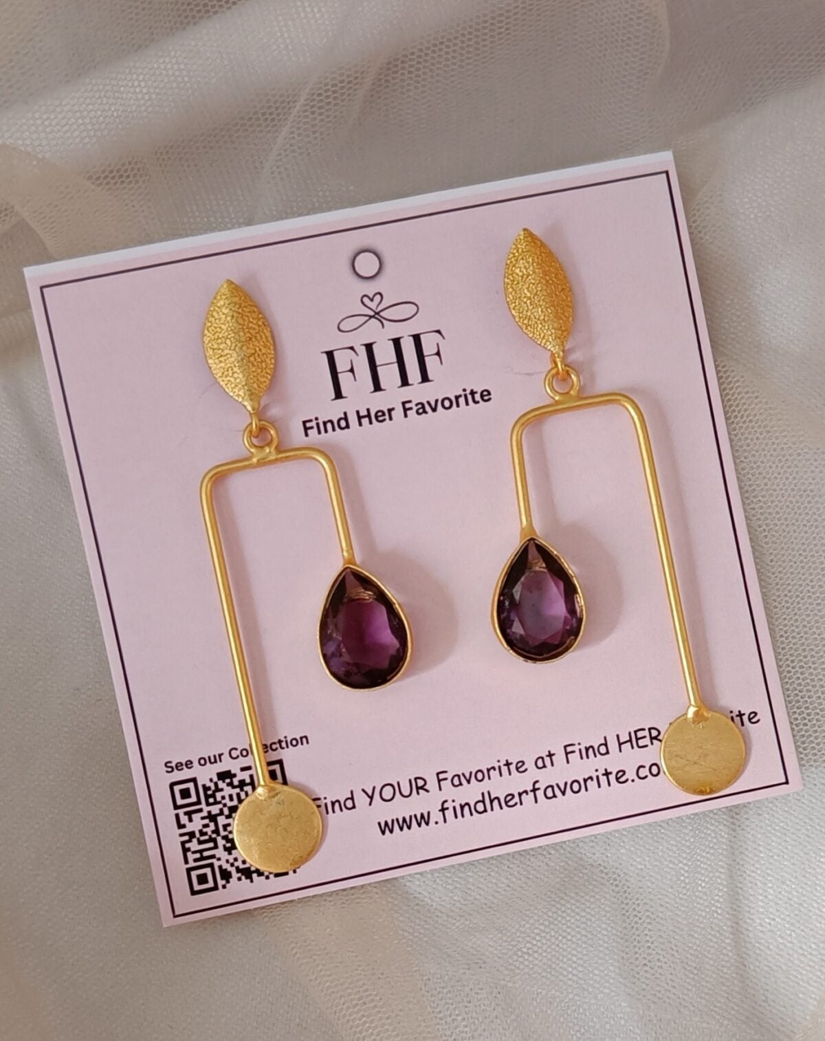 Gold Plated Brass Purple Stone Stylish Dangler Earrings - Image 3