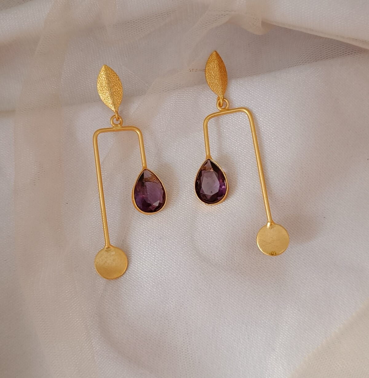 Gold Plated Brass Purple Stone Stylish Dangler Earrings