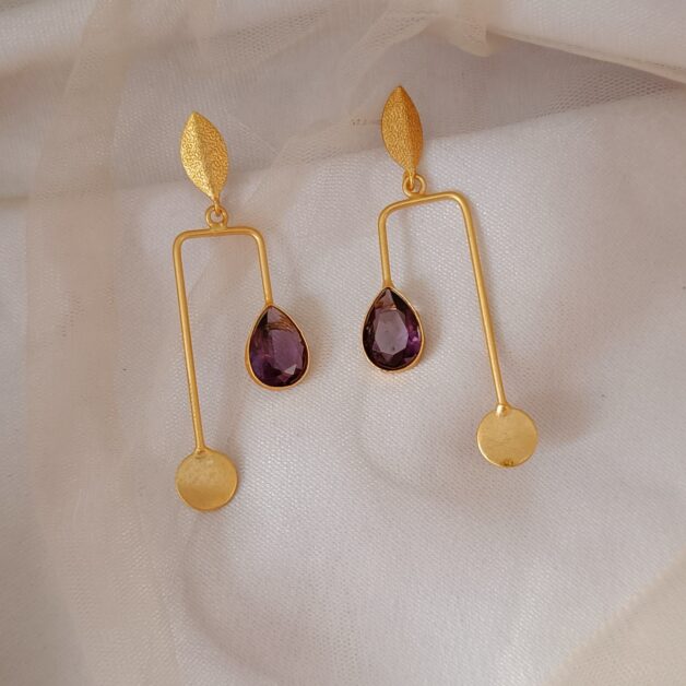 Gold Plated Brass Purple Stone Stylish Dangler Earrings