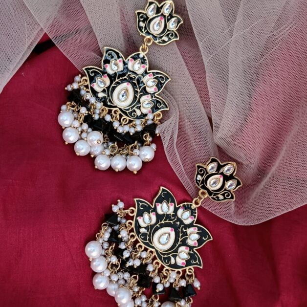 Gold Plated Layered Black Lotus Earrings