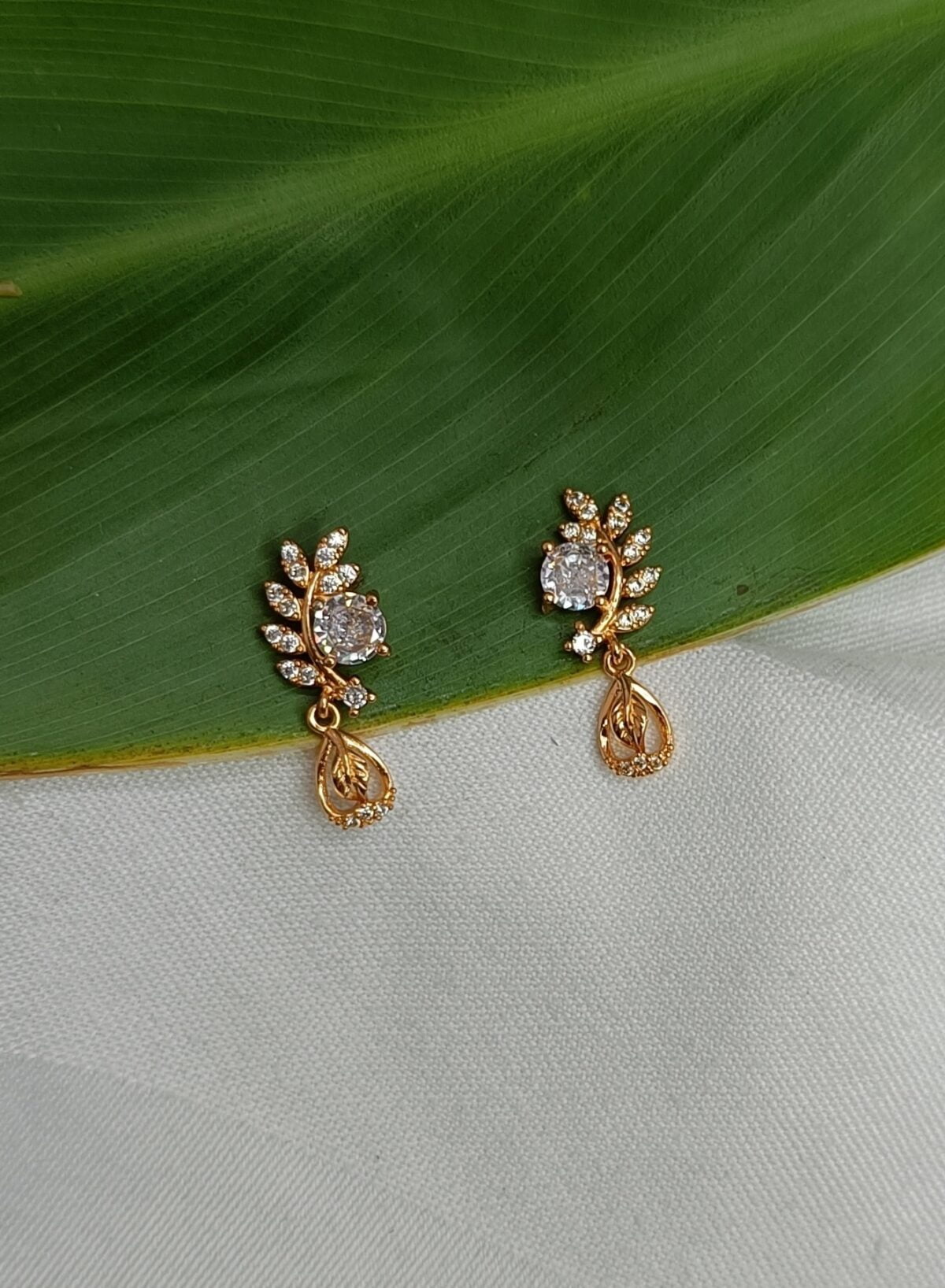 FHF Rose Gold Plated American Diamond Leaf Earrings