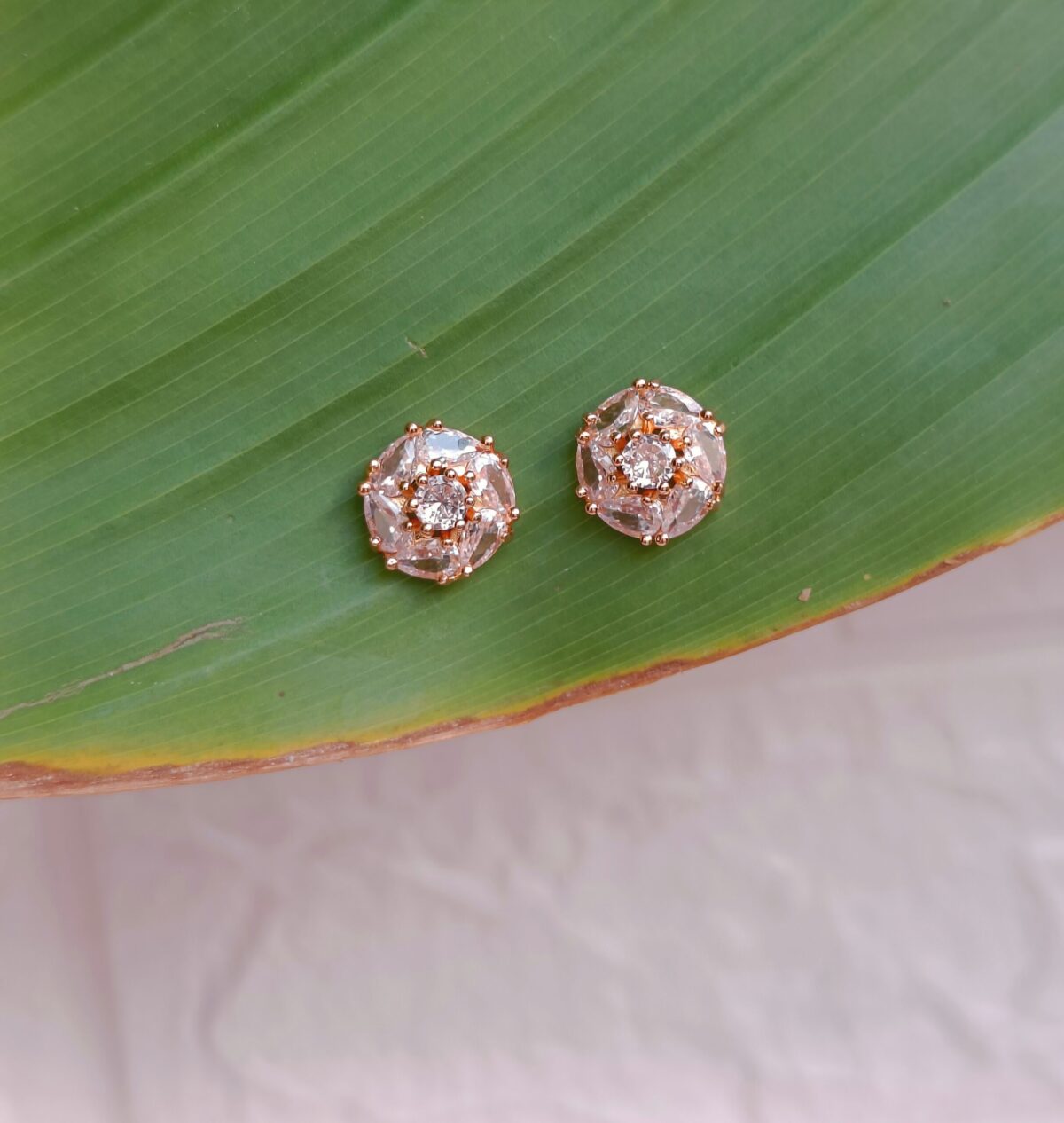 FHF Rose Gold Plated American Diamond Flower Stud Earrings