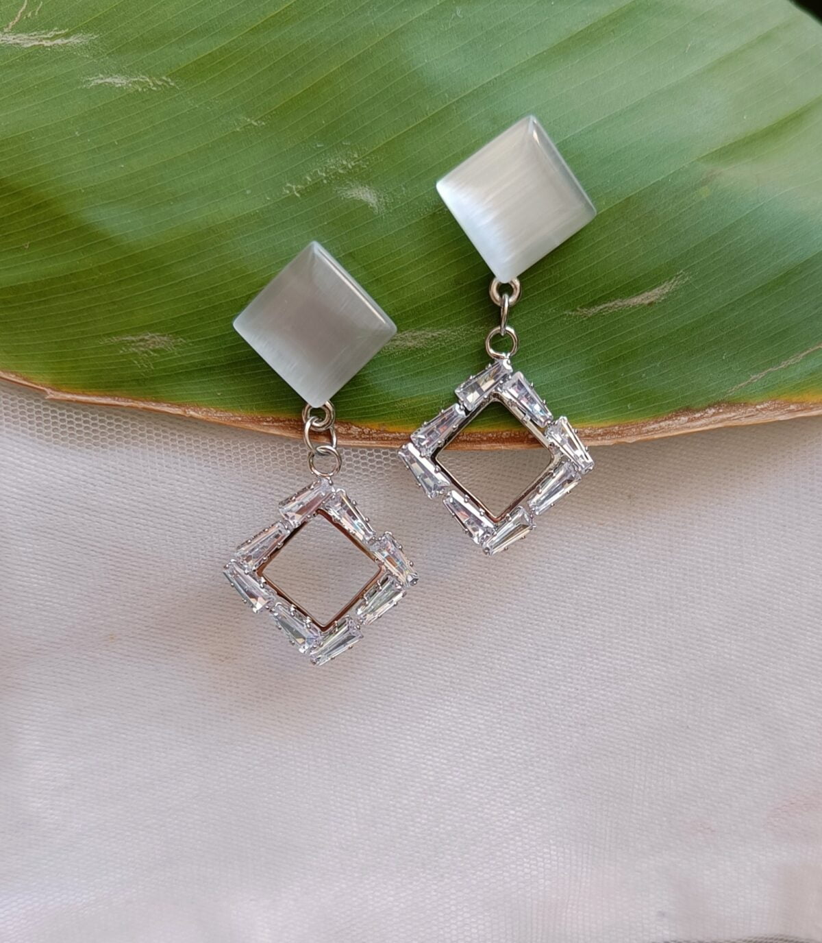 FHF Silver Plated American Diamond Natural Stone Square Earrings