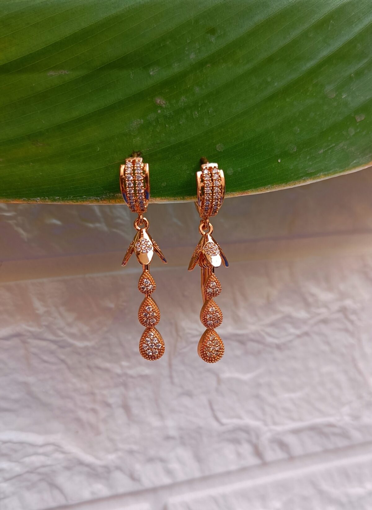 FHF Rose Gold Plated American Diamond Designer Hoop Hanging Earrings