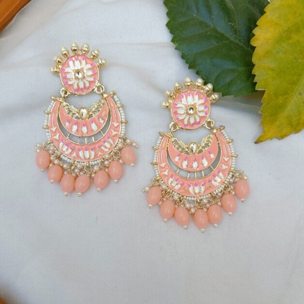 Gold Plated Meenakari Beaded Chandbali Earrings-Peach