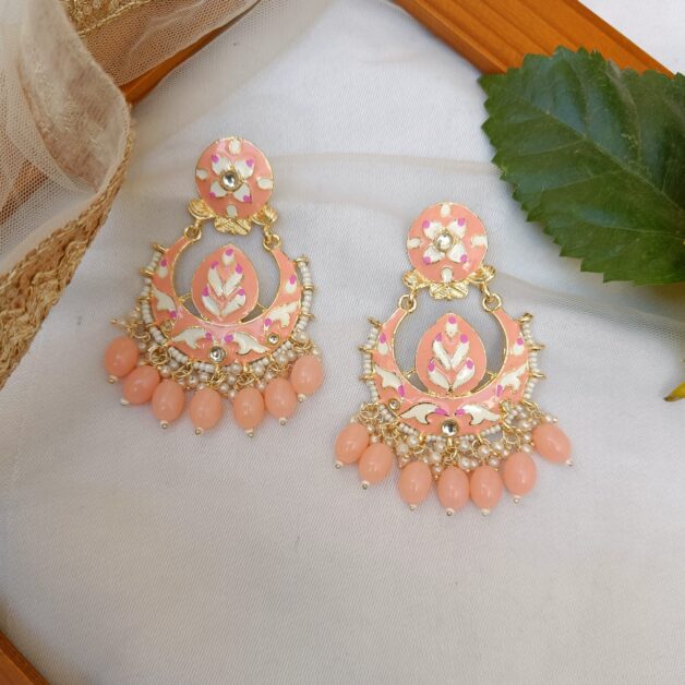 Gold Plated Meenakari Beaded Chandbali Earrings-Peach