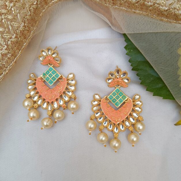 Gold Plated Kundan Meenakari Chandbali Earrings With Pearl