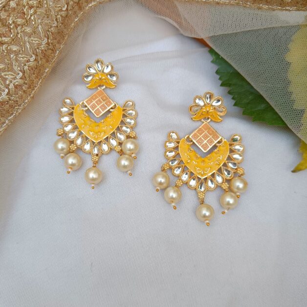 Gold Plated Kundan Meenakari Chandbali Earrings With Pearl