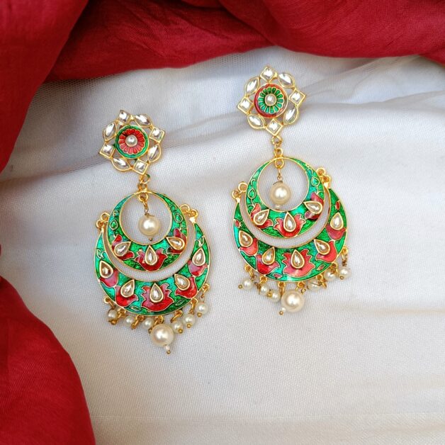 Gold Plated Red-Green Meenakari Chandbali Earrings