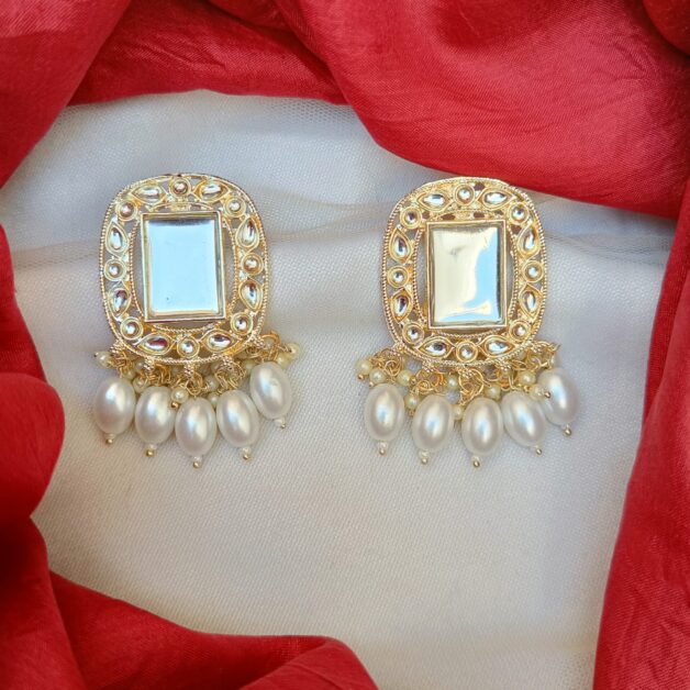 Gold Plated Mirror White kundan Designer Earrings