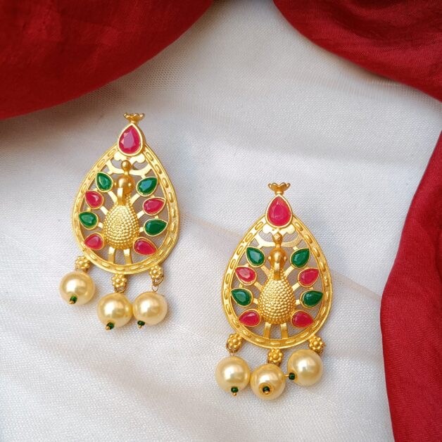 Gold Plated Matte Finish Peacock Earrings