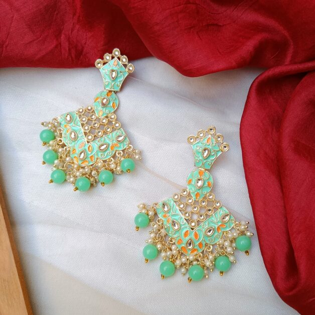 Gold Plated Green Kundan Stone Studded Meenakari Beaded Traditional Earrings