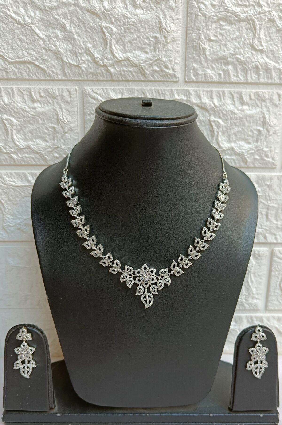 Rhodium Silver Plated American Diamond Flower leafy Designer Necklace Set - Image 2