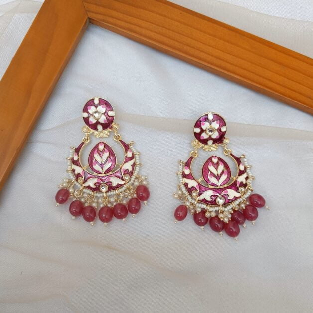 Gold Plated Meenakari Beaded Chandbali Earrings-Purple
