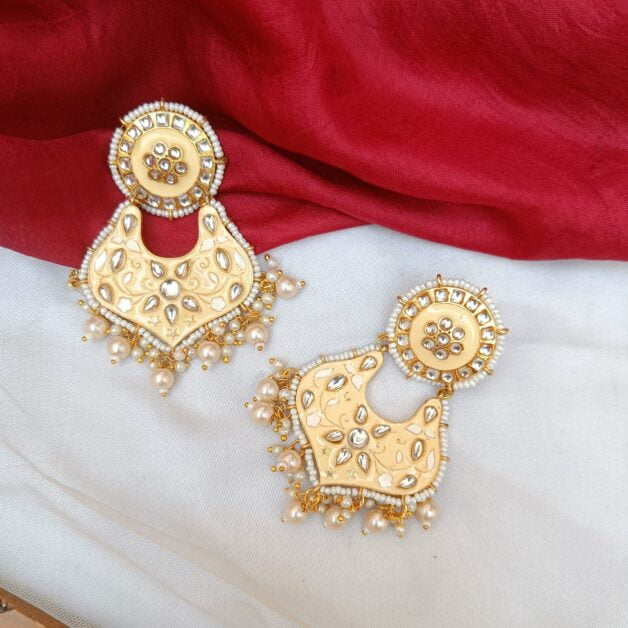 Gold Plated Yellow Kundan Studded Meenakari Traditional Earrings