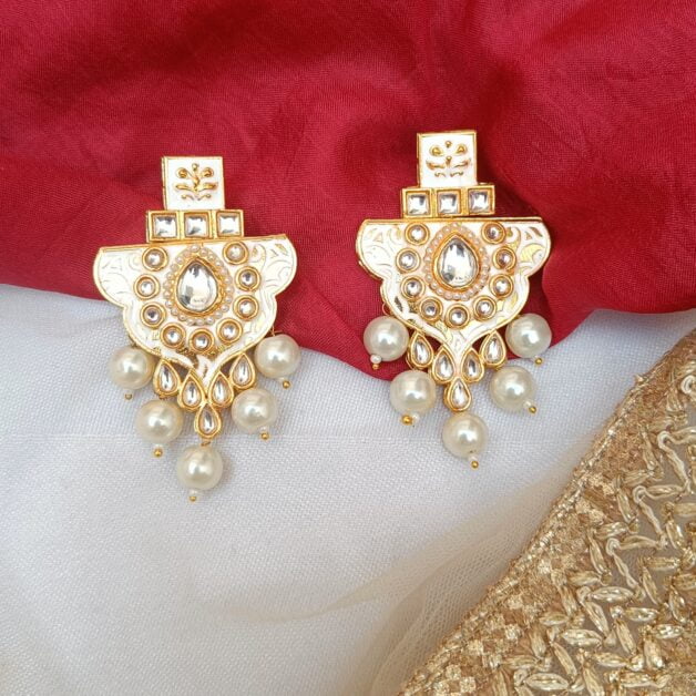 Gold Plated White Kundan Meenkari Traditional Earrings