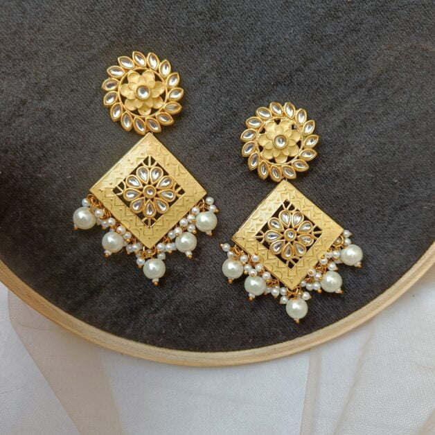Gold Plated Yellow Chakra Square Kundan Stone Studded Meenakari Earrings