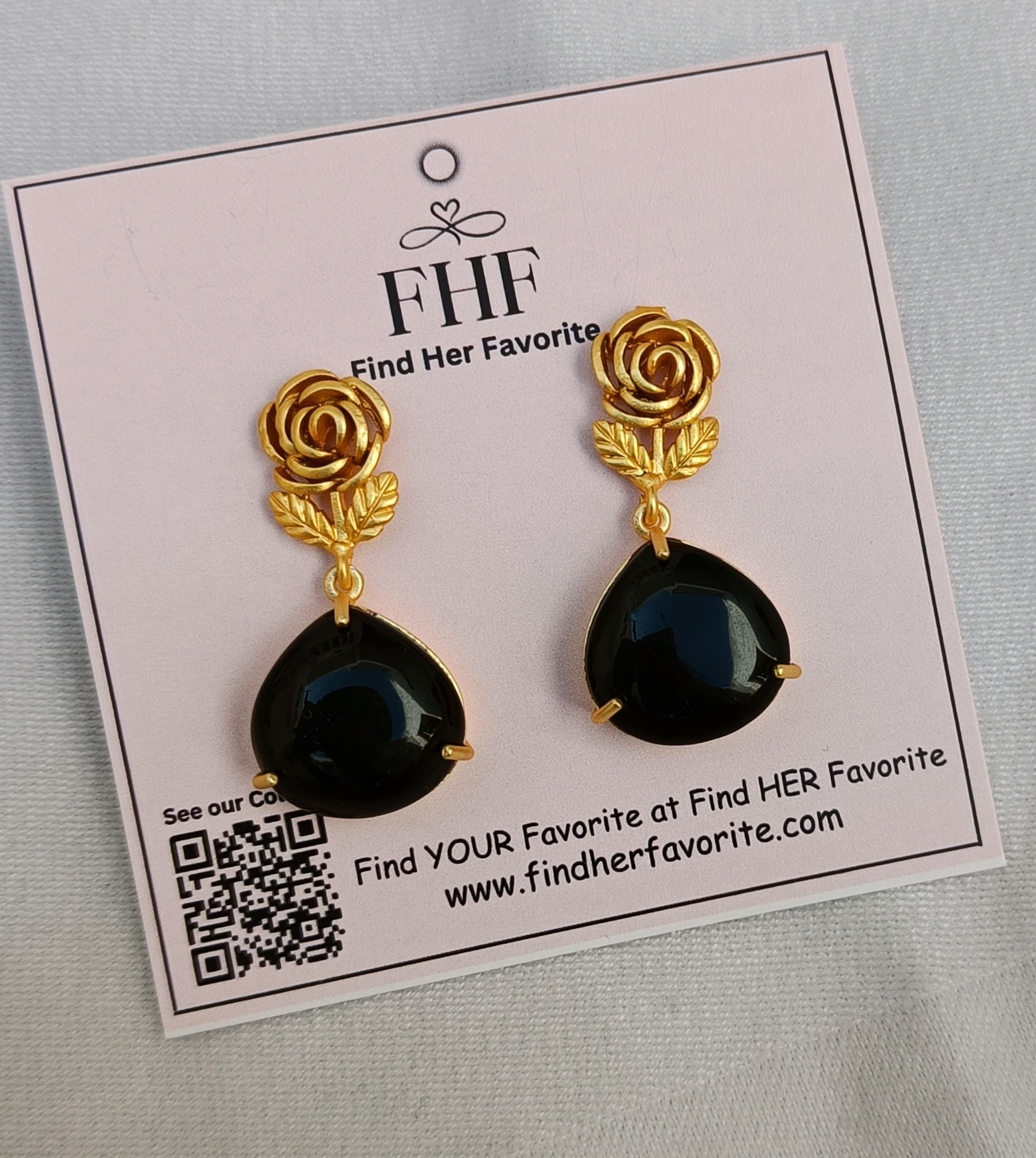 Gold Plated Rose Black Stone Drop Earrings - Image 3