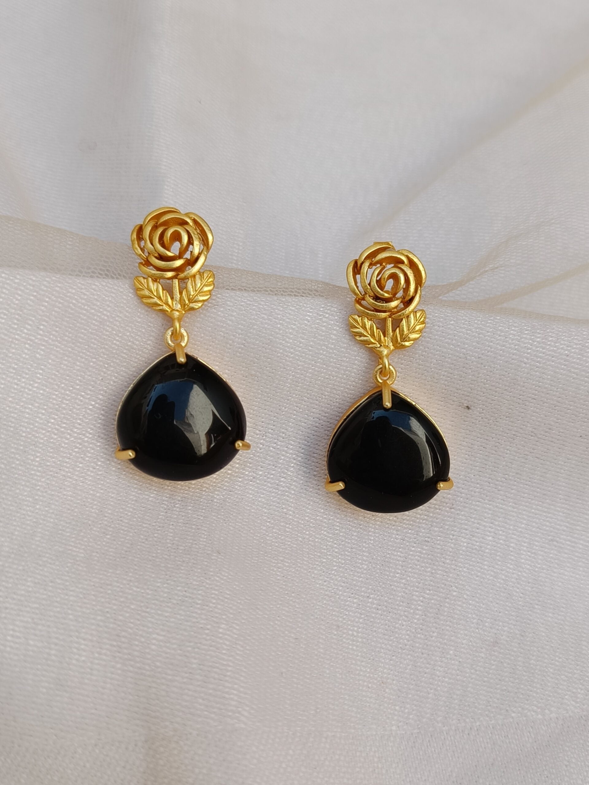 Gold Plated Rose Black Stone Drop Earrings
