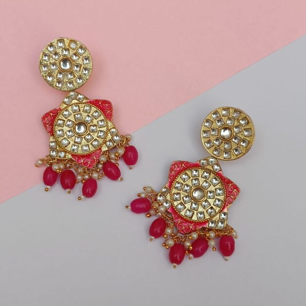Gold Plated Kundan Stone Studded Pink Traditional Earrings