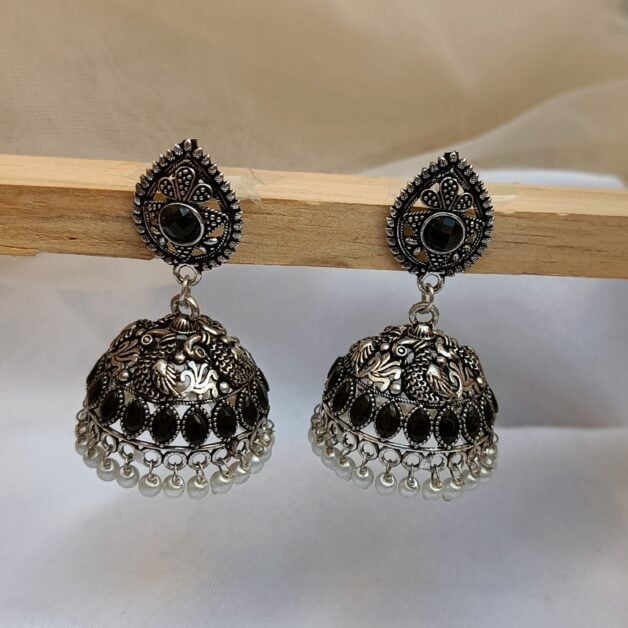 Oxidised Black Stone Jhumka Earrings