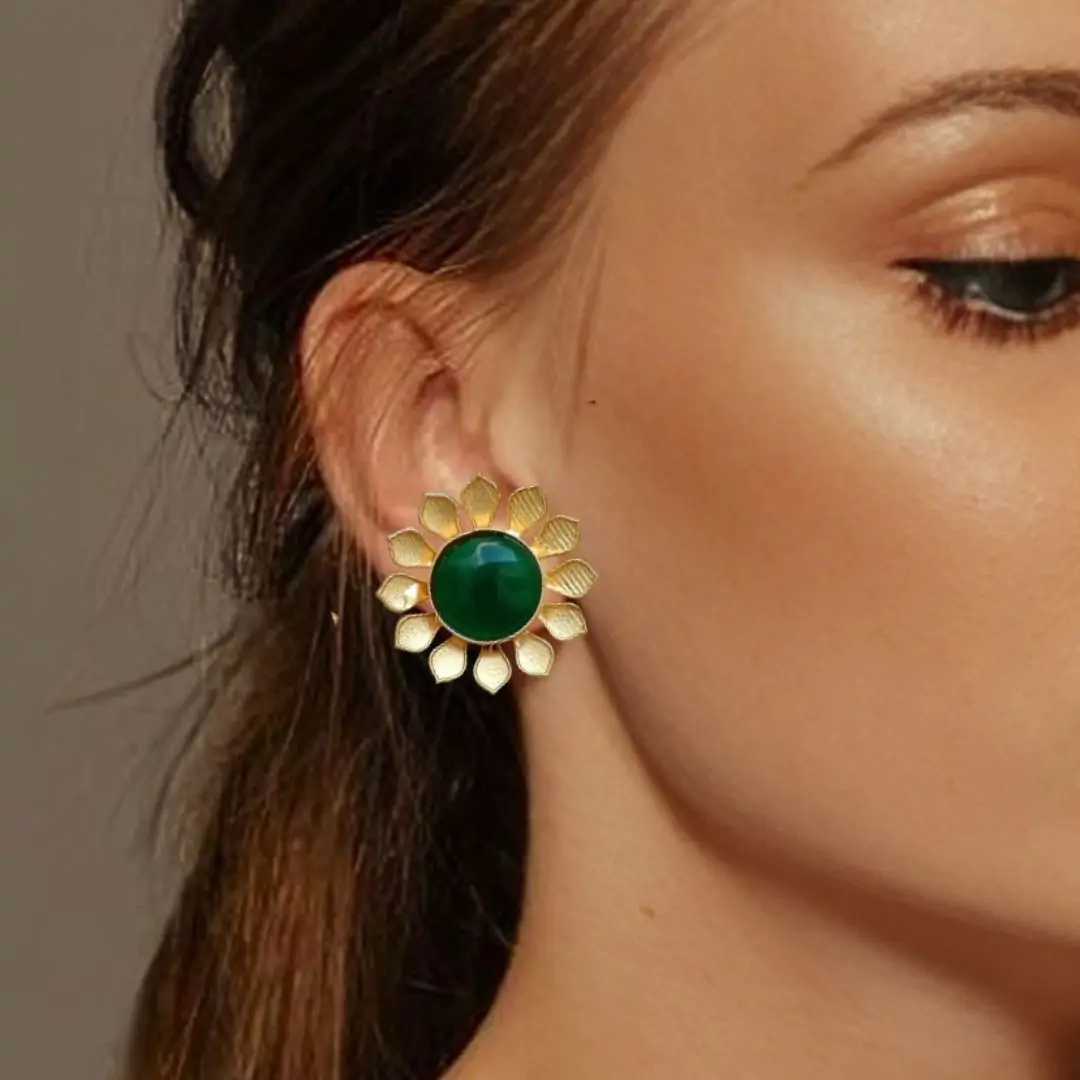 Gold Plated Stone Flower Stud Earrings - Image 2