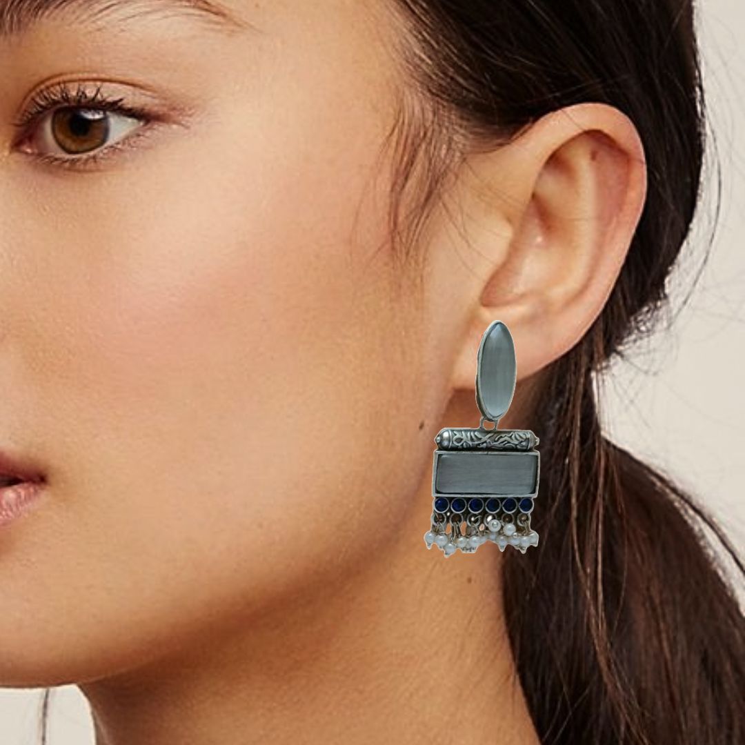 Silver Plated White Stone Designer Dangler Earrings - Image 2