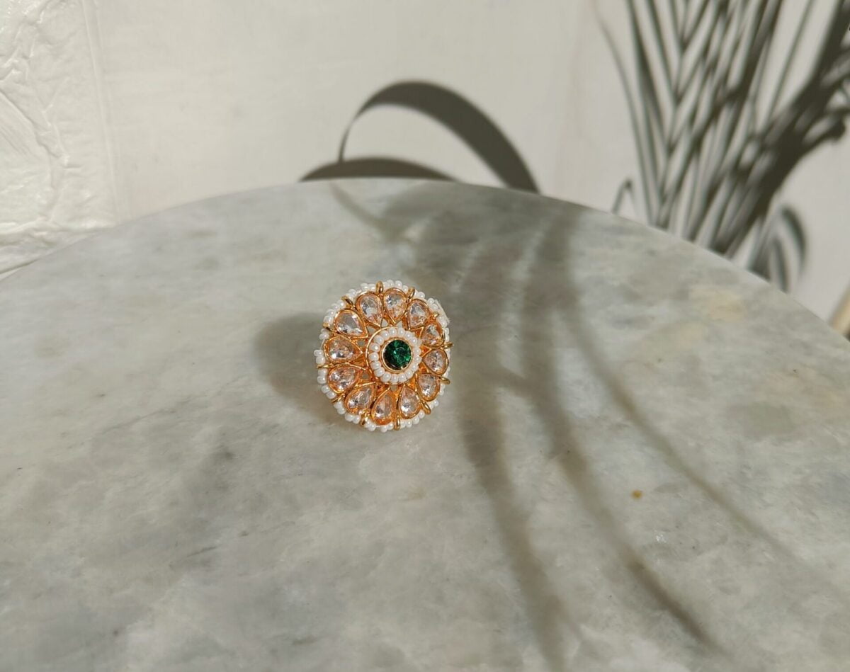 Gold Plated Kundan Stone Beaded Adjustable Ring(55) - Image 3