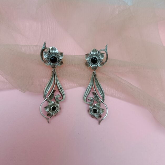 Silver Plated Black Stone Designer Flower Earrings