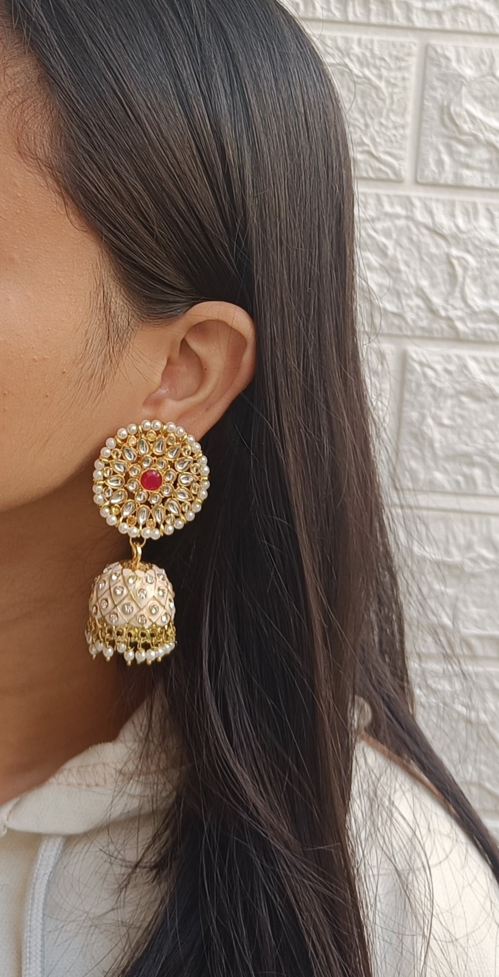 Gold Plated Kundan Stone Studded Jhumka Earrings - Image 2