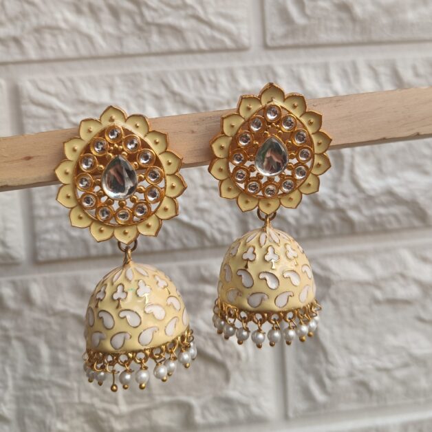 Gold Plated Yellow Meenakari Stone Jhumka Earrings