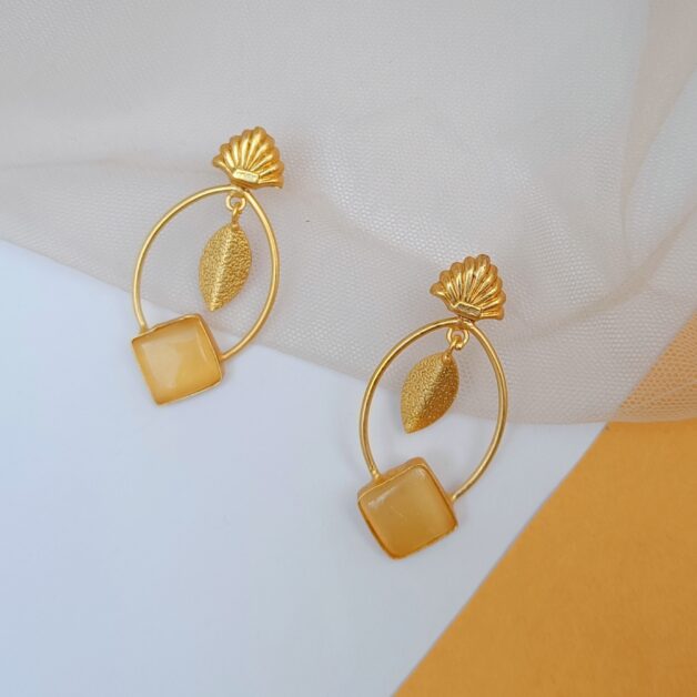 Gold Plated Yellow Stone Studded Designer Brass Leaf Dangler Earrings