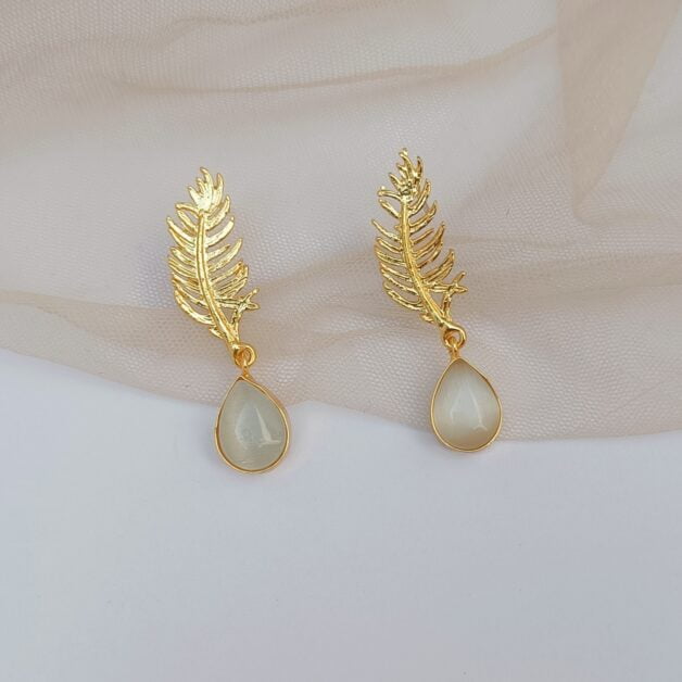 Gold Plated Leafy With White Stone Earrings