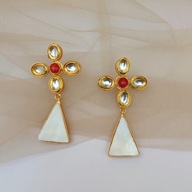 Gold Plated Stone Triangular Kundan Earrings