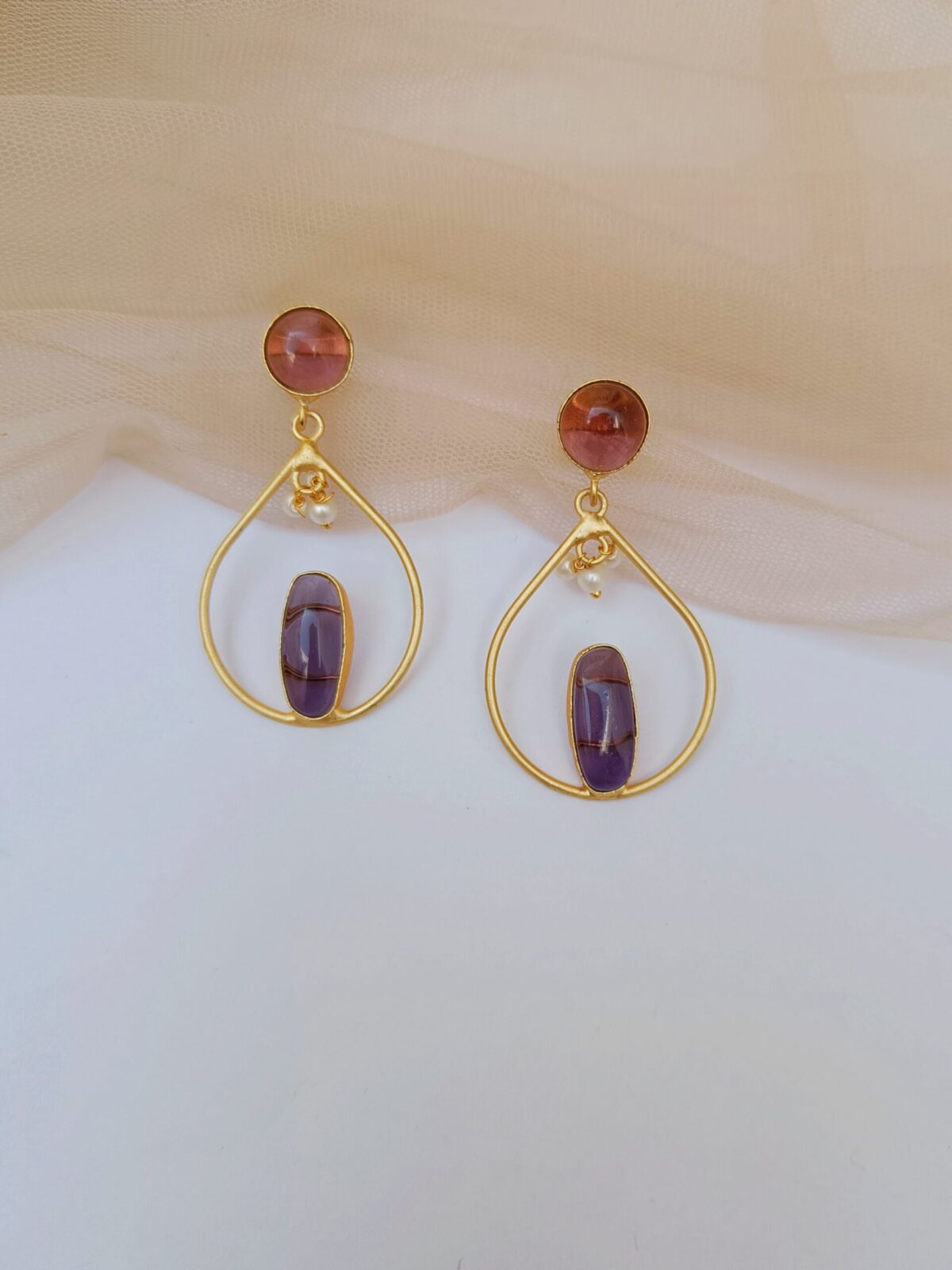 Gold Plated Purple Stone Designer Drop Earrings